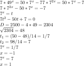 7*49^x=50*7^x-7&#10;7*7^{2x}=50*7^x-7\\&#10;7*7^{2x}-50*7^{x}=-7\\&#10;7^x=t\\&#10;7t^2-50t+7=0\\&#10;D=2500-4*49=2304\\&#10;\sqrt{2304}=48\\&#10;t_1=(50-48)/14=1/7\\&#10;t_2=98/14=7\\&#10;7^x=1/7\\&#10;x=-1\\&#10;7^x=7\\&#10;x=1\\
