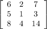 \left[\begin{array}{ccc}6&2&7\\5&1&3\\8&4&14\end{array}\right]
