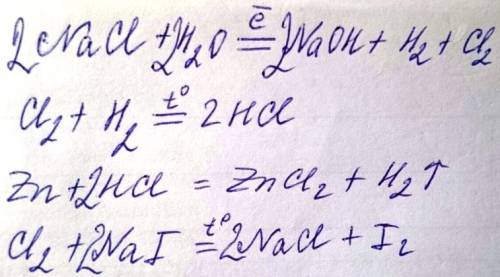 Составьте уравнения реакций по цепочке. 1)nacl => cl2 2)cl2 => hcl 3)hcl => zncl2 4)cl2 =&g