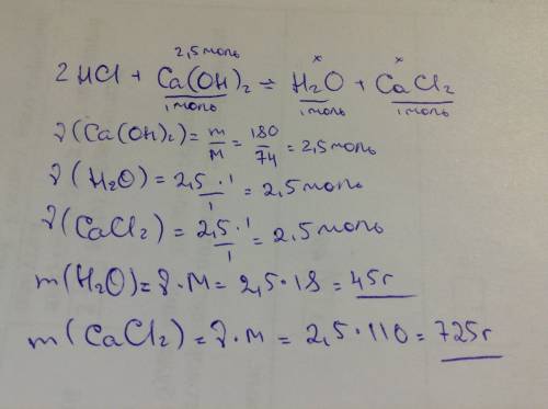 Вычислить массы продуктов реакции между раствором соляной кислоты и 180 граммами гидроксида кальция.