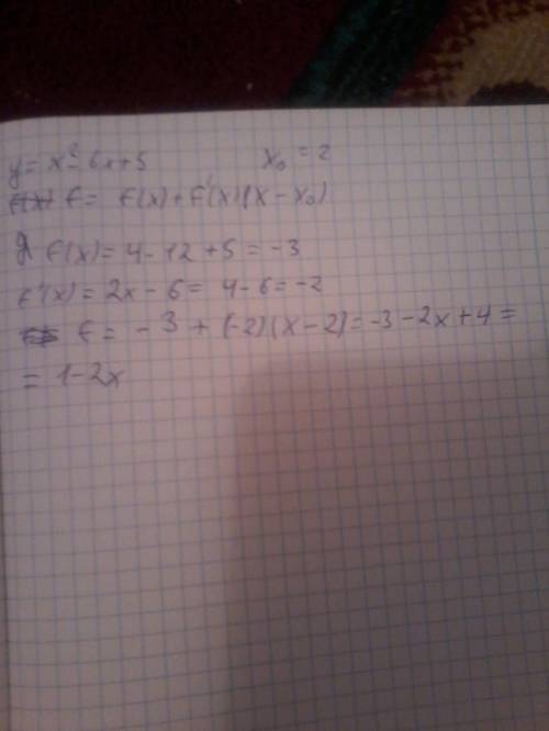 Чему равен угловой коэффициент касательной к кривойy y=5-6x+x^2 в точке x0=2?
