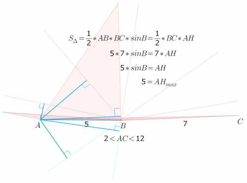 Рассматриваются все треугольники авс, в которых ав=5, вс=7. найдите наибольшую длину высоты ан из вс