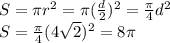 S=\pi r^2=\pi (\frac{d}{2})^2=\frac{\pi}{4}d^2\\&#10;S=\frac{\pi}{4}(4\sqrt2)^2=8\pi