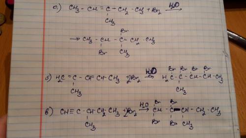 А) 3-метил-2-пентена; б) 2-метил-1,3-пентадиена; в) 3-метил-1-пентина. реакции с бромом.