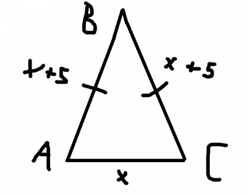 Вравнобедренном треугольнике найдите неизвестные стороны если боковая сторона на 5 см. больше основа