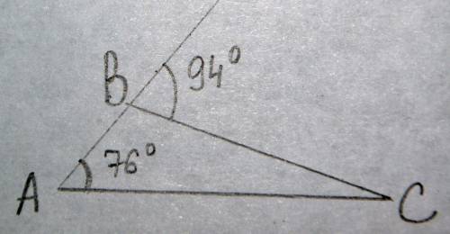 Втреугольнике авс угол а=76, внешний угол при вершине в=94, найдите угол с. ответ дайте в градусах.