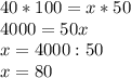 40*100=x*50 \\ 4000=50x \\ x=4000:50 \\ x=80