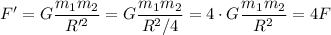 F' = G \dfrac{m_1 m_2}{R'^2} = G\dfrac{m_1 m_2}{R^2/4} = 4 \cdot G \dfrac{m_1 m_2}{R^2} = 4 F