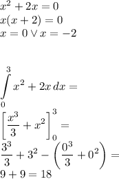 x^2+2x=0\\&#10;x(x+2)=0\\&#10;x=0 \vee x=-2\\\\&#10;\displaystyle\\&#10;\int \limits_0^3 x^2+2x\, dx=\\&#10;\left[\dfrac{x^3}{3}+x^2\right]_0^3=\\&#10;\dfrac{3^3}{3}+3^2-\left(\dfrac{0^3}{3}+0^2\right)=\\&#10;9+9=18