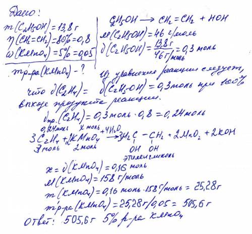 Врезультате дегидратации 13,8 г. этанола с выходом 80% получили этен. определите массу 5% раствора п