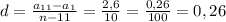 d= \frac{a_{11}-a_1}{n-11} = \frac{2,6}{10}= \frac{0,26}{100}=0,26&#10;