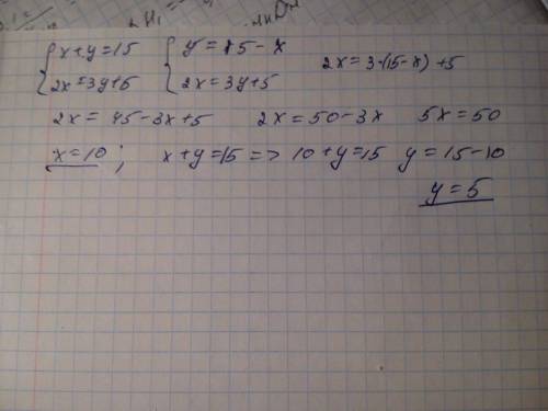 Найдите решение системы уравнений {х+у=15 {2х=3у+5 методом подстановки