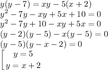 \displaystyle y(y-7)=xy-5(x+2)\\y^2-7y-xy+5x+10=0\\y^2-7y+10-xy+5x=0\\(y-2)(y-5)-x(y-5)=0\\(y-5)(y-x-2)=0\\\left [ {{y=5} \atop {y=x+2}} \right.