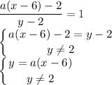 \displaystyle\frac{a(x-6)-2}{y-2}=1\\\left \{ {{a(x-6)-2=y-2} \atop {y\neq 2}} \right. \\\left \{ {{y=a(x-6)} \atop {y\neq 2}} \right.