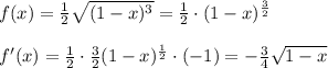 f(x)=\frac{1}{2}\sqrt{(1-x)^3}=\frac{1}{2}\cdot (1-x)^{\frac{3}{2}}\\\\f'(x)=\frac{1}{2}\cdot \frac{3}{2}(1-x)^{\frac{1}{2}}\cdot (-1)=-\frac{3}{4}\sqrt{1-x}