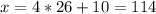 x = 4 * 26 + 10 = 114