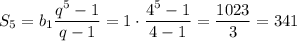 S_5=b_1\dfrac{q^{5}-1}{q-1}=1\cdot\dfrac{4^5-1}{4-1}=\dfrac{1023}{3}=341