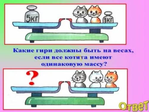 Какие гири должны быть на весах , если все котята имеют одинаковую массу? нарисуй эти гири