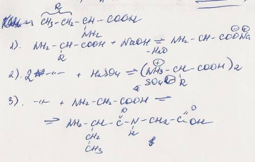 2аминобутановая кислота 1.+naoh 2.+h2so4 3.+ пропанол 2 4.+ глицин написать реакции со всеми!