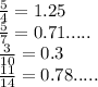\frac{5}{4} = 1.25 \\ \frac{5}{7} = 0.71..... \\ \frac{3}{10} = 0.3 \\ \frac{11}{14} = 0.78..... \\