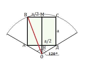 Всектор , центральный угол которого 120 градусов, вписан квадрат со стороной а. найти радиус сектора