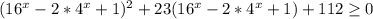 (16^x-2*4^x+1)^2+23(16^x-2*4^x+1)+112 \geq 0