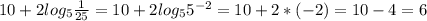 10+2log_5 \frac{1}{25} =10+2log_55^{-2}=10+2*(-2)=10-4=6