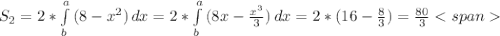 S_{2}=2* \int\limits^a_b {(8- x^{2} )} \, dx=2* \int\limits^a_b {(8x- \frac{ x^{3} }{3} )} \, dx=2*(16- \frac{8}{3})= \frac{80}{3}
