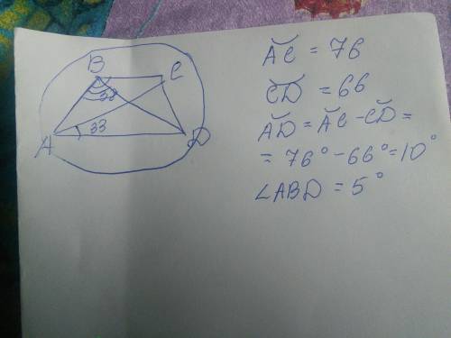 Четырёхугольник abcd вписан в окружность. угол abc равен 38°, угол cad равен 33°. найдите угол abd.