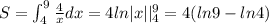 S=\int _4^9\frac{4}{x}dx=4ln|x||_4^9=4(ln9-ln4)