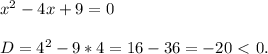 x^2-4x+9=0 \\\\ D=4^2-9*4=16-36=-20 \ \textless \ 0.