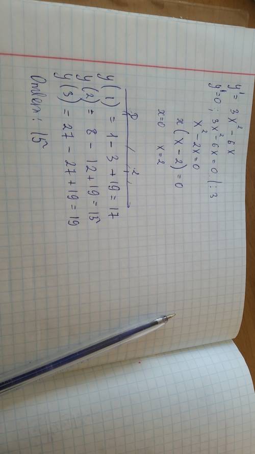 Найдите наименьшее значение функции y=x^3-3x^2+19 на отрезке [1; 3]