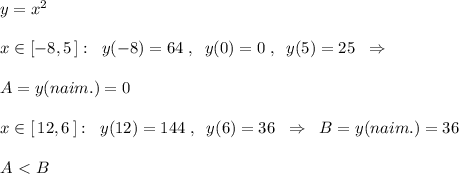 y=x^2\\\\x\in [-8,5\, ]:\; \; y(-8)=64\; ,\; \; y(0)=0\; ,\; \; y(5)=25\; \; \Rightarrow \\\\A=y(naim.)=0\\\\x\in [\, 12,6\, ]:\; \; y(12)=144\; ,\; \; y(6)=36\; \; \Rightarrow \; \; B=y(naim.)=36\\\\A\ \textless \ B