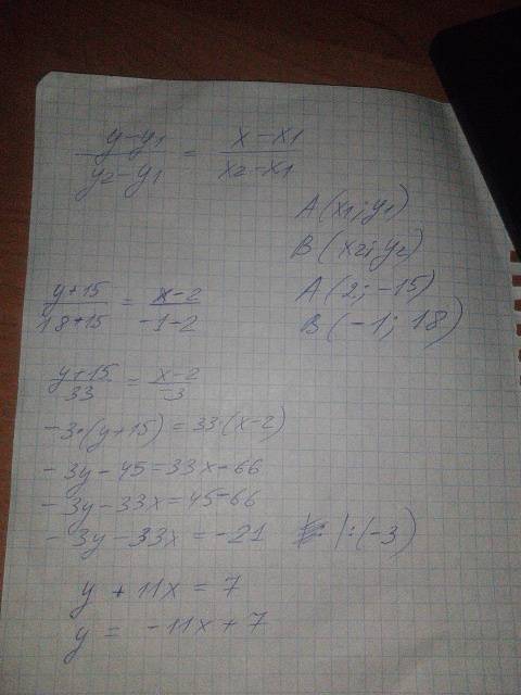 Составьте уравнение прямой проходящей через данные точки а(2,-15) и в(-1,18)