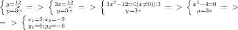 \left \{ {{y= \frac{12}{x} } \atop {y=3x}} \right. =\ \textgreater \ \left \{ {{3x= \frac{12}{x} } \atop {y=3x}} \right. =\ \textgreater \ \left \{ {{3x^2-12=0(x \neq 0)} |:3\atop {y=3x}} \right. =\ \textgreater \ \left \{ {{x^2-4=0} \atop {y=3x}} \right. =\ \textgreater \ \\ =\ \textgreater \ \left \{ {{x_1=2;x_2=-2} \atop {y_1=6;y_2=-6} \right.