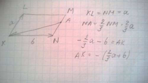 Дан параллелограмм klmn. a принадлежит mn. ma : an=1 : 2; вектор kl = вектору a,вектор kn = вектору