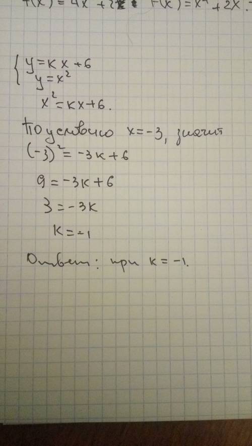 При каком значении k графики функций y=kx+6 и y=x^2 пересекаются в точке,абсциса которой равняется -