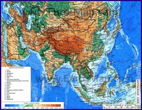 Определите по карте зарубежной азии моря, заливы, проливы, острова и полуострова по береговой линии