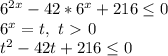 6^{2x}-42*6^x+216 \leq 0\\6^x=t,\,\,t\ \textgreater \ 0\\t^2-42t+216 \leq 0