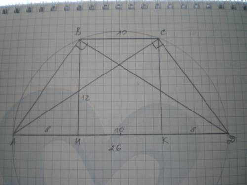 Диагонали трапеции перпендикулярны боковым сторонам 1. докажите, что трапеция р/б 2. найдите площадь