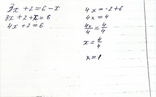 Решите уравнение графически: 3x+2=6-x.