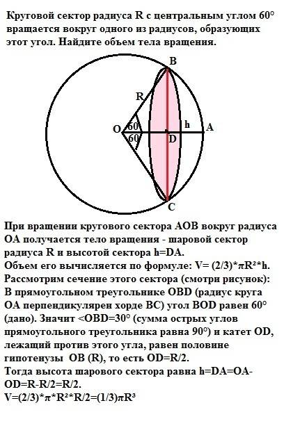 Круговой сектор радиуса r с центральным углом 60 градусов вращается вокруг одного из радиусов, образ