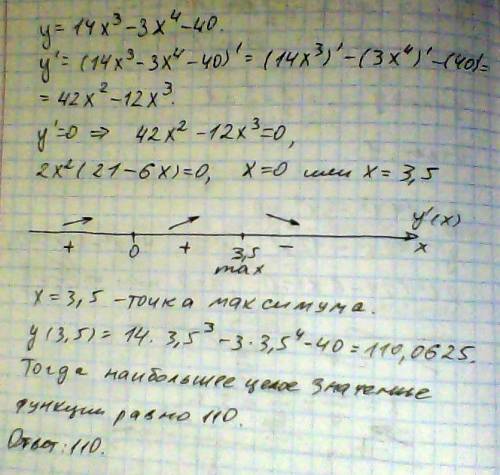 Найдите наибольшее целое значение функции y=14x^3-3x^4-40.