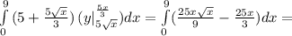 \int\limits^9_0 {(5+ \frac{5 \sqrt{x} }{3})} \,(y|\limits^{ \frac{5x}{3} }_{5 \sqrt{x} } )dx= \int\limits^9_0( \frac{25x \sqrt{x} }{9}- \frac{25x}{3})dx=