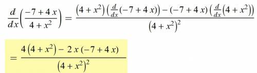Найдите значение производной функции y=4x-7/x^2+4 в точке x0=0