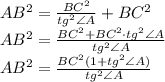 AB^2 = \frac{BC^2}{tg^2 \angle A} + BC^2 \\ &#10;AB^2 = \frac{BC^2 + BC^2 \cdot tg^2 \angle A}{tg^2 \angle A} \\ &#10;AB^2 = \frac{BC^2( 1 + tg^2 \angle A)}{tg^2 \angle A} \\