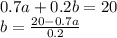 0.7a + 0.2b = 20 \\ &#10;b = \frac{20-0.7a}{0.2}
