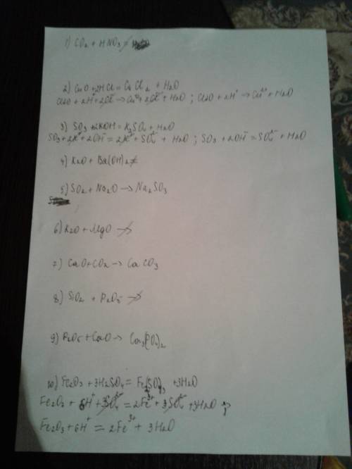 Сокращённое ионное решение к уравнениям(в тетради): 1. co2+hno3= 2. cuo+hcl= 3. so3+koh= 4. k2o+ba(o