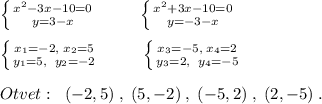 \left \{ {{x^2-3x-10=0} \atop {y=3-x}} \right. \; \; \; \; \; \; \; \; \; \left \{ {{x^2+3x-10=0} \atop {y=-3-x}} \right. \\\\ \left \{ {{x_1=-2,\; x_2=5} \atop {y_1=5,\; \; y_2=-2}} \right. \; \; \; \; \; \; \; \; \; \left \{ {{x_3=-5,\; x_4=2} \atop {y_3=2,\; \; y_4=-5}} \right. \\\\Otvet:\; \; (-2,5)\; ,\; (5,-2)\; ,\; (-5,2)\; ,\; (2,-5)\; .