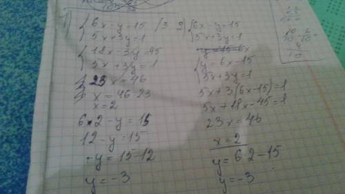 Решите систему уравнений методом подстановки 6х-у=15 5х+3у=1